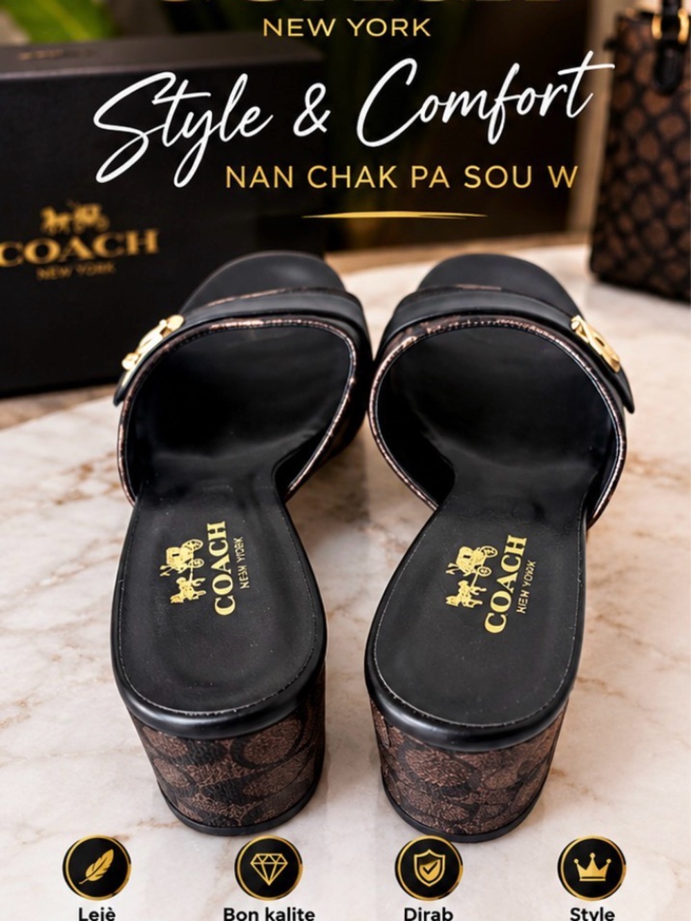 Coach Brown & Black Logo Block Heel Slide Mules